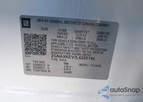 2020 Chevrolet Equinox Fwd Lt 1.5L Turbo из США, поврежденный, VIN 2GNAXKEV7L6220741